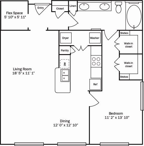 Floor plan for 1 bed, 1 bath, 945 sqft